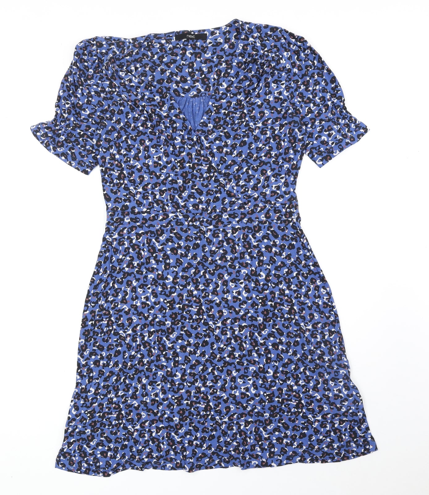 NEXT Womens Blue Animal Print Viscose Fit & Flare Size 10 V-Neck Pullover - Leopard Print