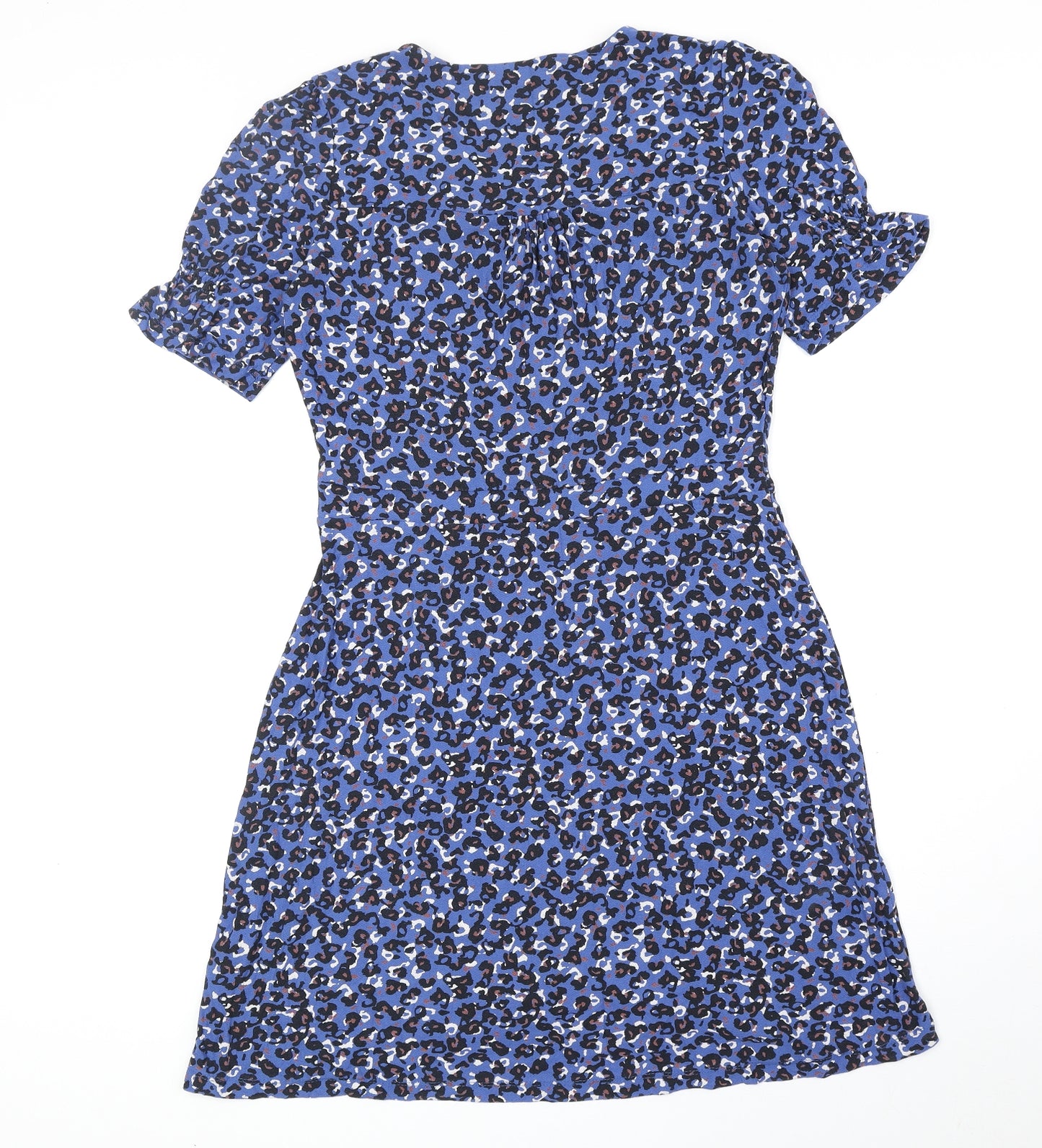 NEXT Womens Blue Animal Print Viscose Fit & Flare Size 10 V-Neck Pullover - Leopard Print