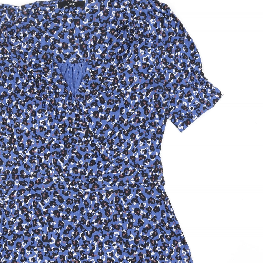NEXT Womens Blue Animal Print Viscose Fit & Flare Size 10 V-Neck Pullover - Leopard Print