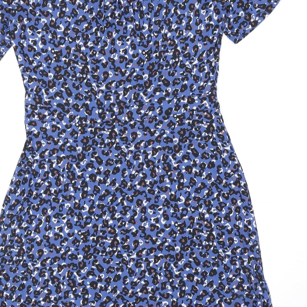 NEXT Womens Blue Animal Print Viscose Fit & Flare Size 10 V-Neck Pullover - Leopard Print