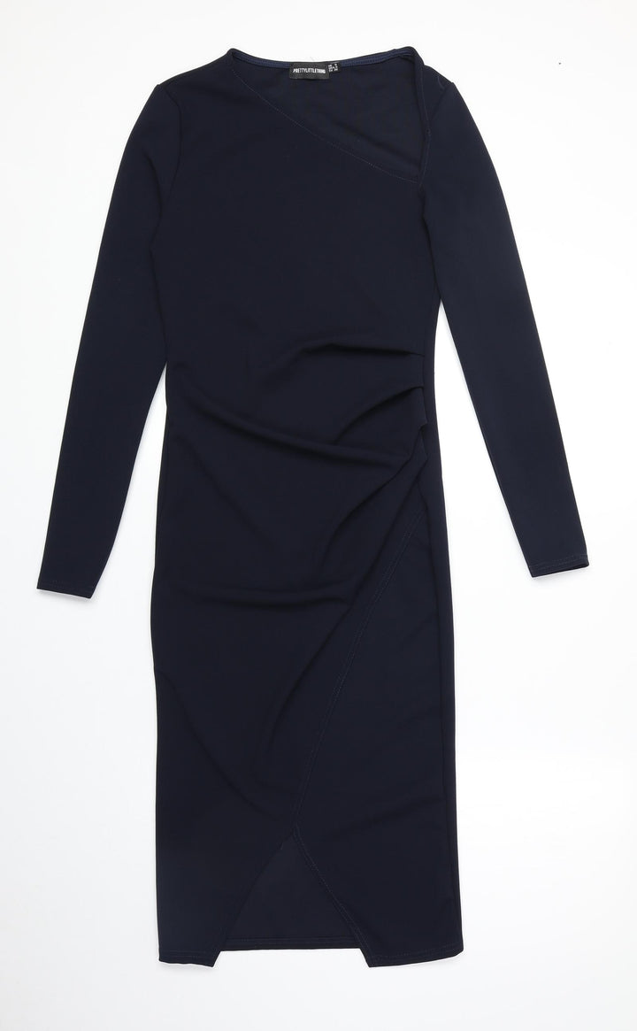 PRETTYLITTLETHING Womens Blue Polyester Sheath Size 8 Square Neck Pullover