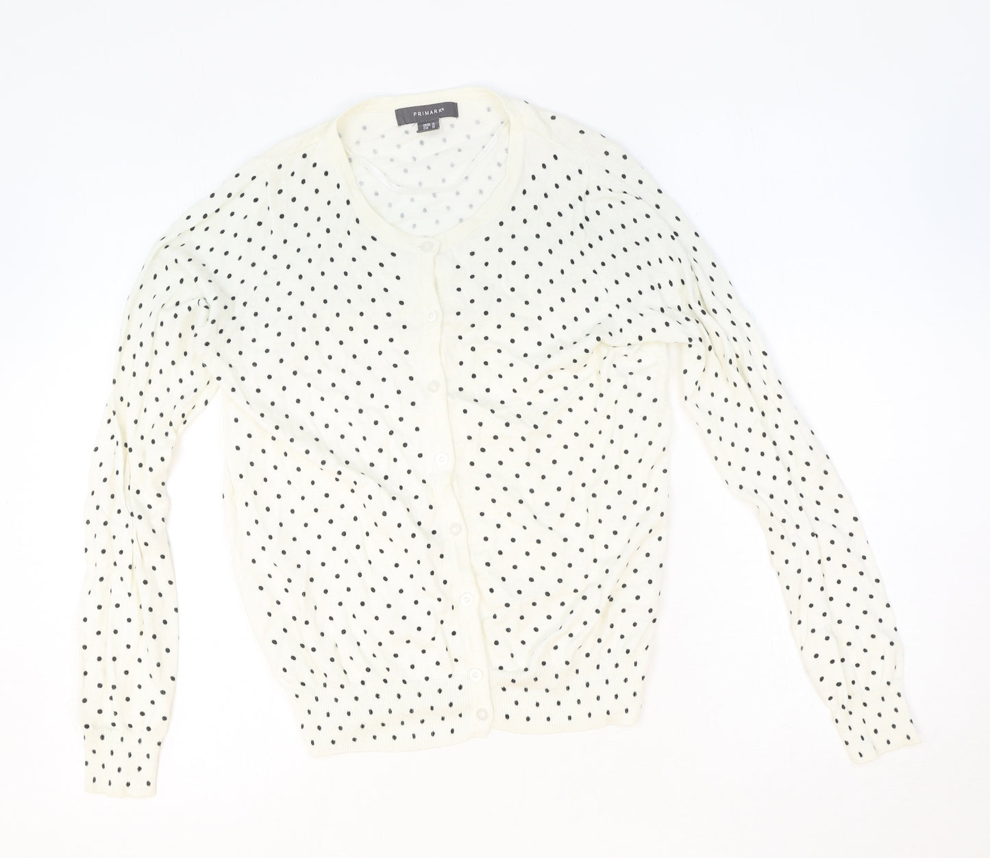 Primark Womens Ivory Scoop Neck Polka Dot 100% Cotton Cardigan Jumper Size 10