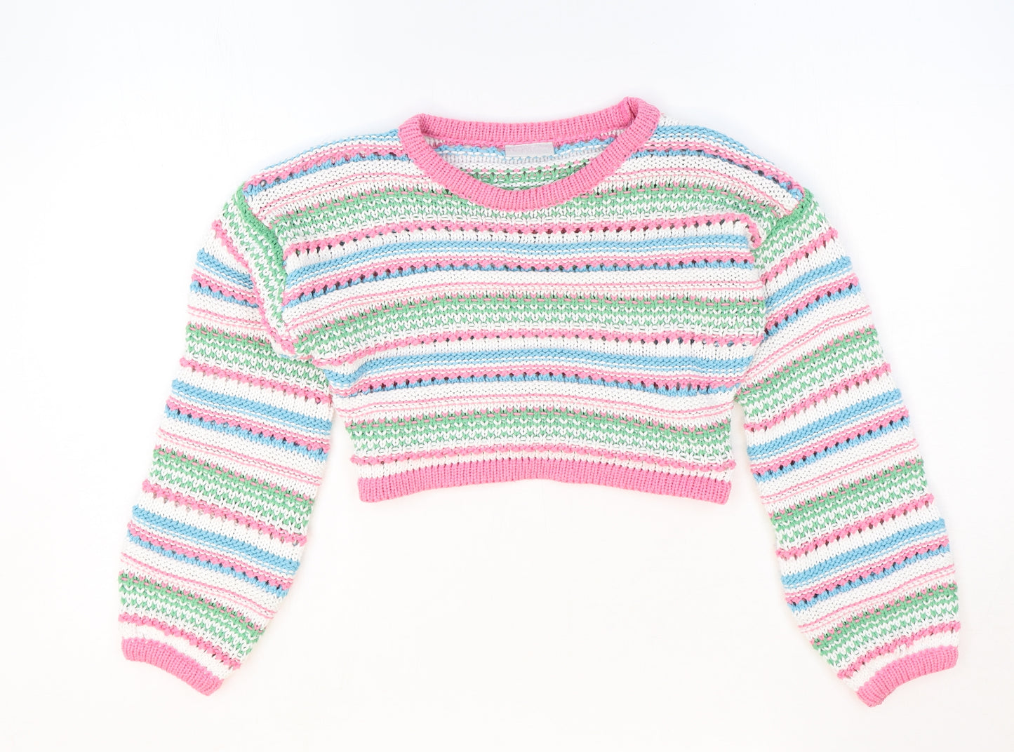 I love girlswear Girls Pink Round Neck Striped Polyester Pullover Jumper Size 10 Years Pullover