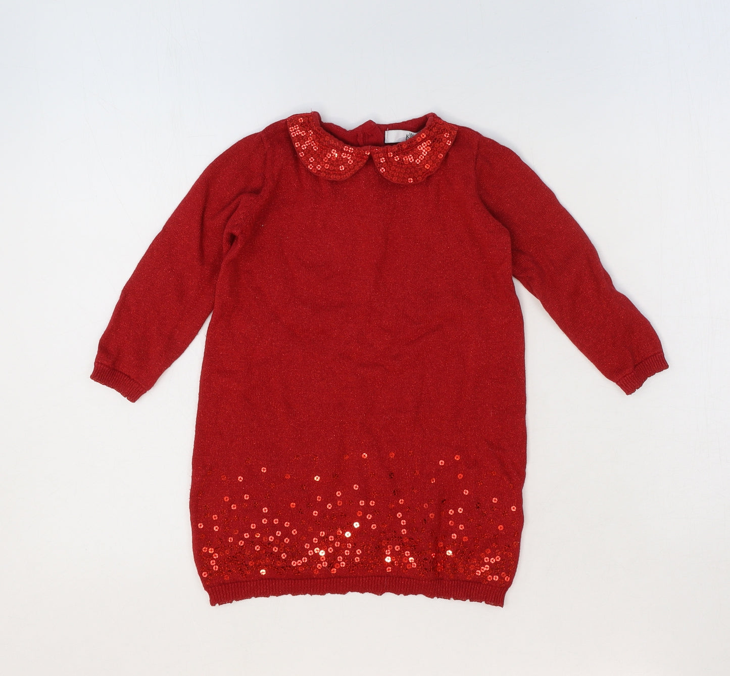 Marks and Spencer Girls Red 100% Cotton Jumper Dress Size 12-18 Months Round Neck
