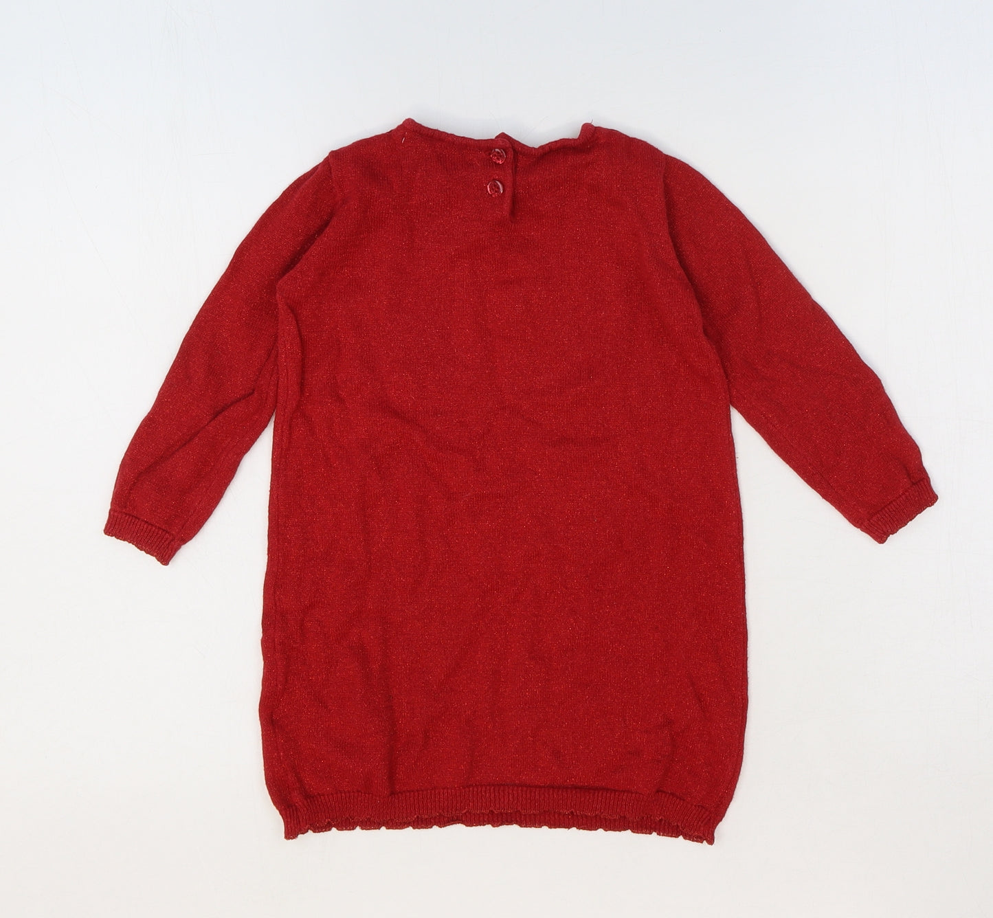 Marks and Spencer Girls Red 100% Cotton Jumper Dress Size 12-18 Months Round Neck