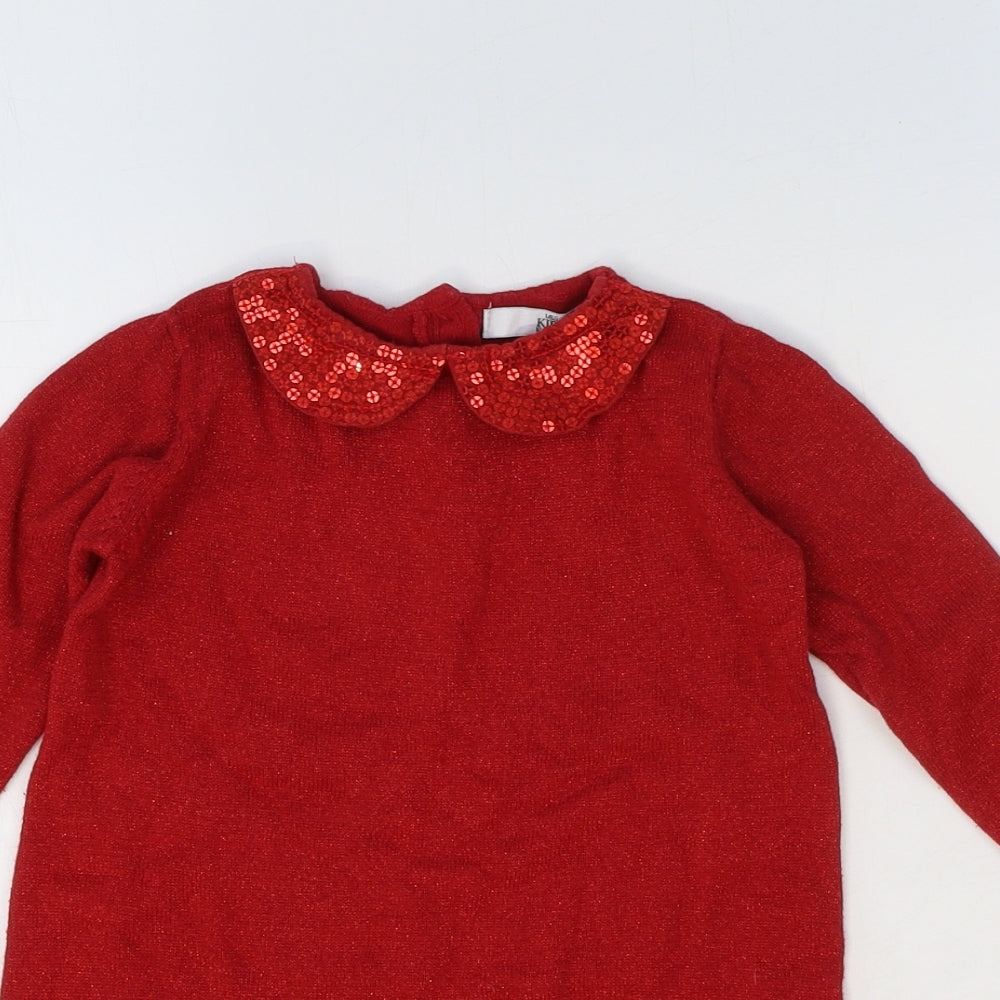 Marks and Spencer Girls Red 100% Cotton Jumper Dress Size 12-18 Months Round Neck