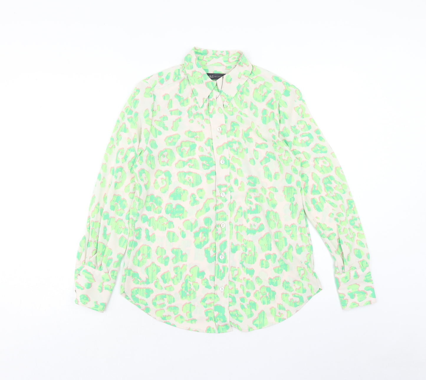 Marks and Spencer Womens Green Animal Print Polyester Basic Button-Up Size 6 Collared - Leopard Print