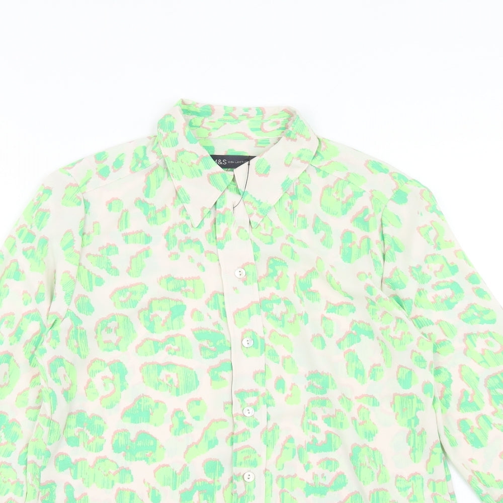 Marks and Spencer Womens Green Animal Print Polyester Basic Button-Up Size 6 Collared - Leopard Print