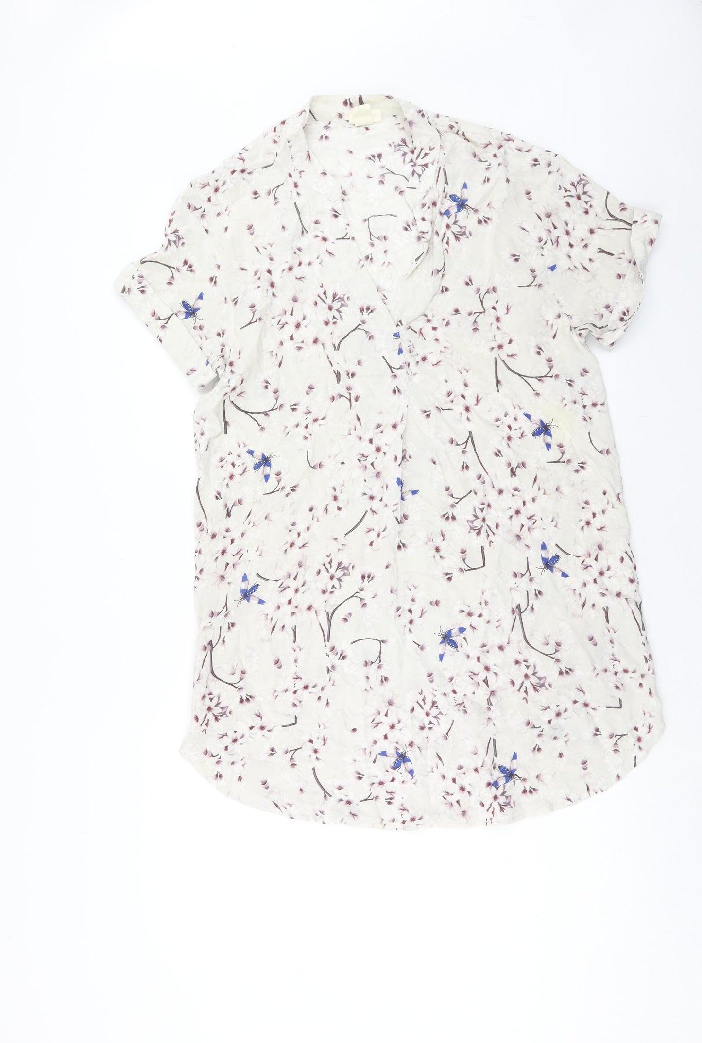 H&M Womens Beige Floral Viscose Shift Size 8 V-Neck Pullover