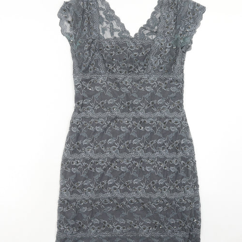 Onyx Nite Womens Grey Herringbone Polyester Pencil Dress Size 12 V-Neck Pullover