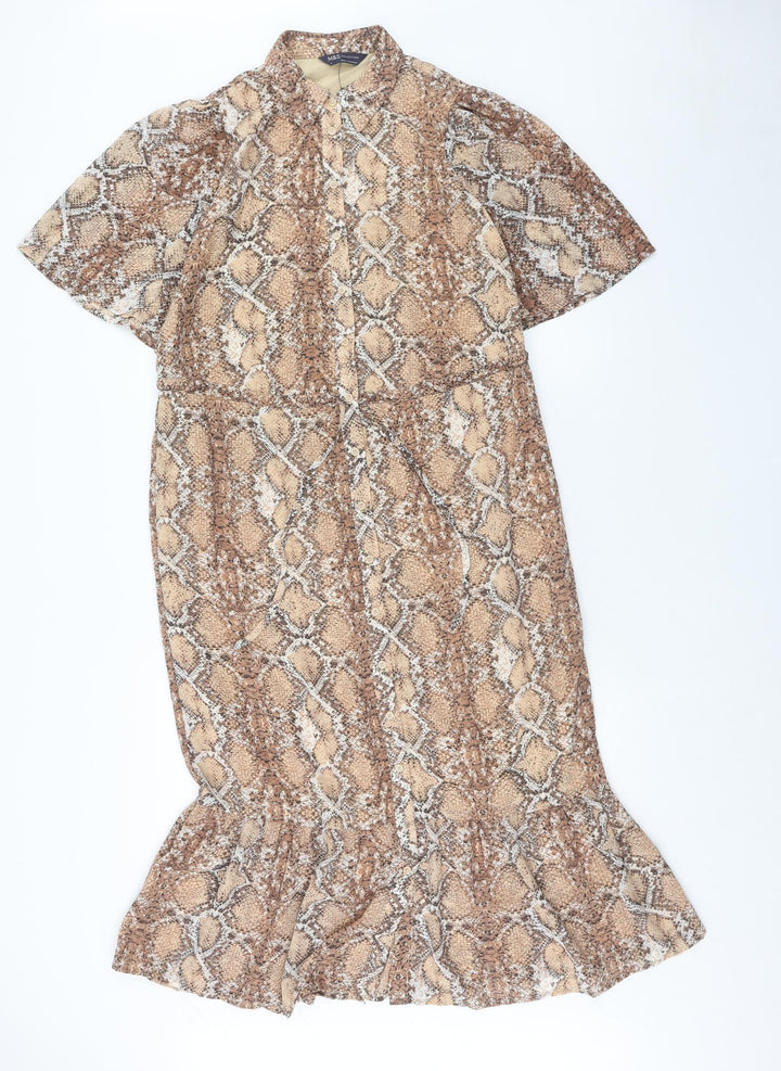 Marks and Spencer Womens Brown Animal Print Polyester Shirt Dress Size 8 Collared Button - Snake Skin Print