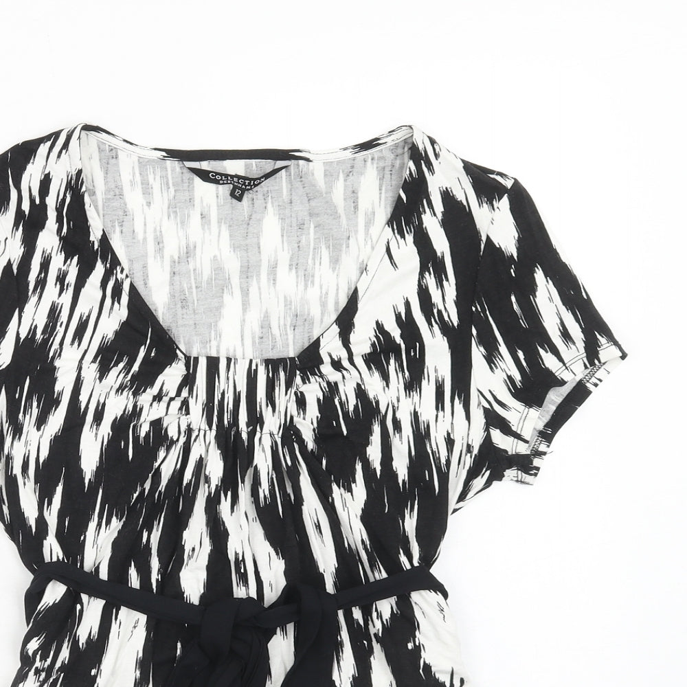Debenhams Womens Black Geometric Viscose Basic T-Shirt Size 12 Square Neck