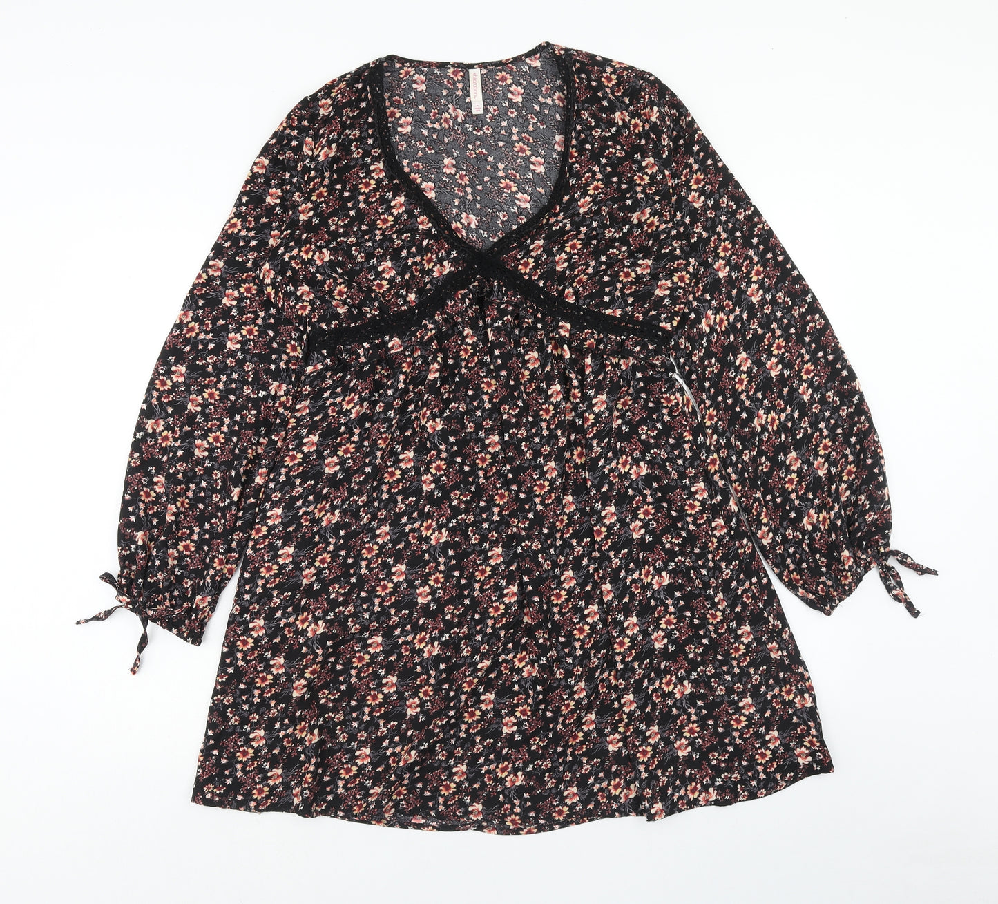 Xhilaration Womens Black Floral Viscose A-Line Size L V-Neck Pullover