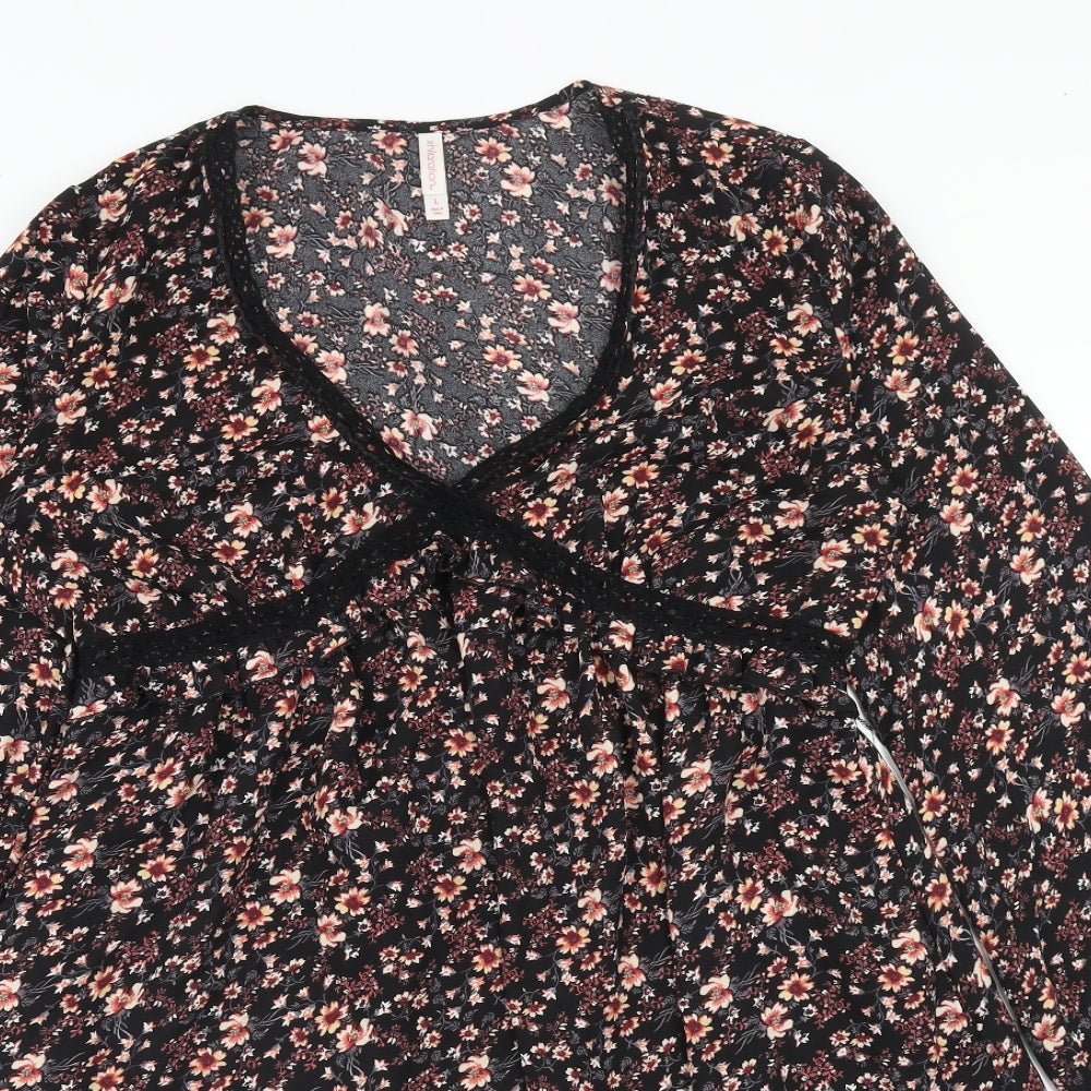 Xhilaration Womens Black Floral Viscose A-Line Size L V-Neck Pullover