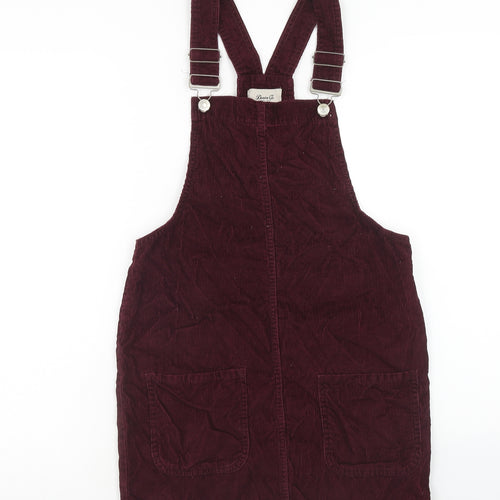 Denim & Co. Womens Red Herringbone Cotton Pinafore/Dungaree Dress Size 6 Square Neck Buckle