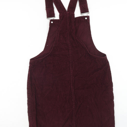 Denim & Co. Womens Red Herringbone Cotton Pinafore/Dungaree Dress Size 6 Square Neck Buckle