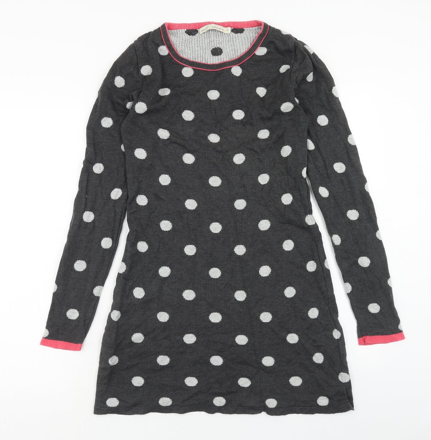 NEXT Womens Grey Polka Dot Cotton Jumper Dress Size 12 Round Neck Pullover