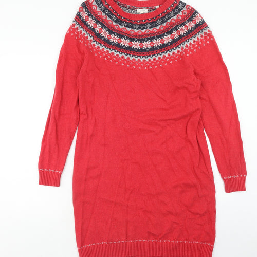 Fat Face Womens Red Fair Isle Cotton Jumper Dress Size 16 Boat Neck Pullover