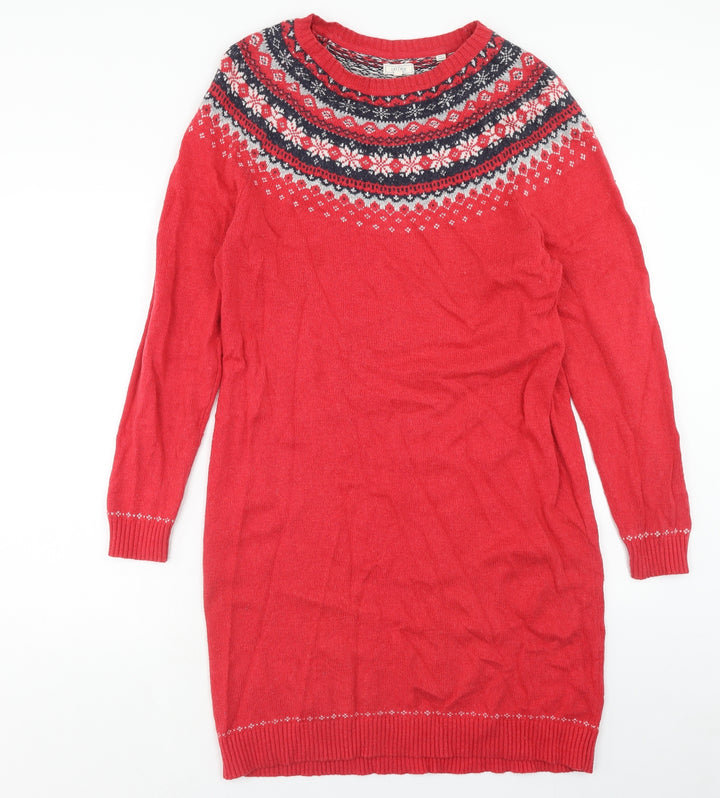 Fat Face Womens Red Fair Isle Cotton Jumper Dress Size 16 Boat Neck Pullover