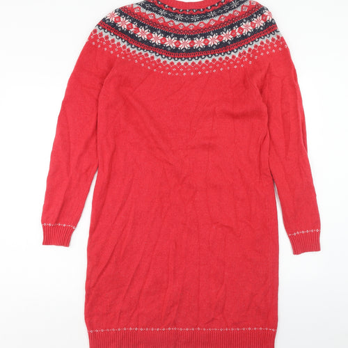 Fat Face Womens Red Fair Isle Cotton Jumper Dress Size 16 Boat Neck Pullover
