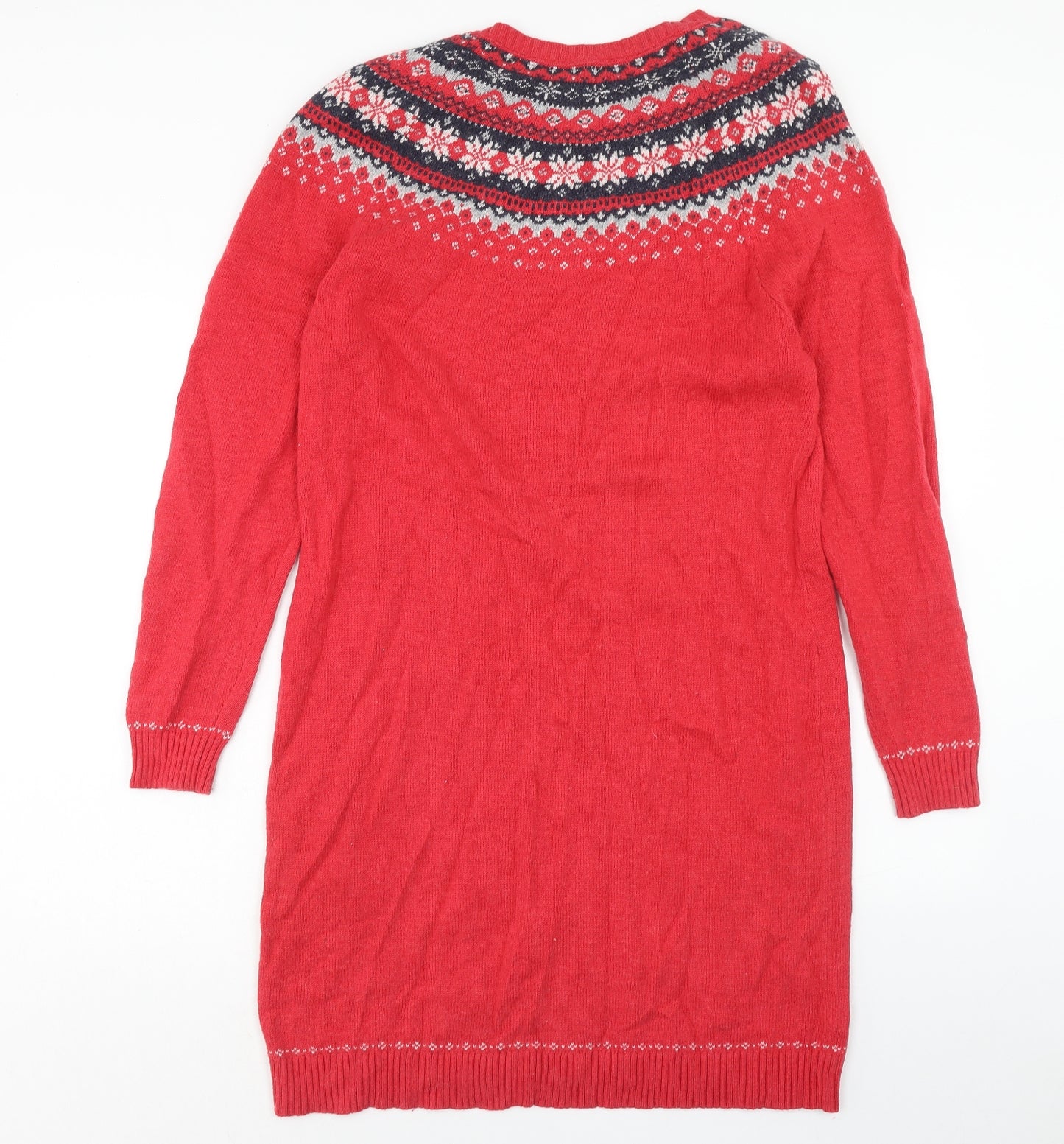 Fat Face Womens Red Fair Isle Cotton Jumper Dress Size 16 Boat Neck Pullover