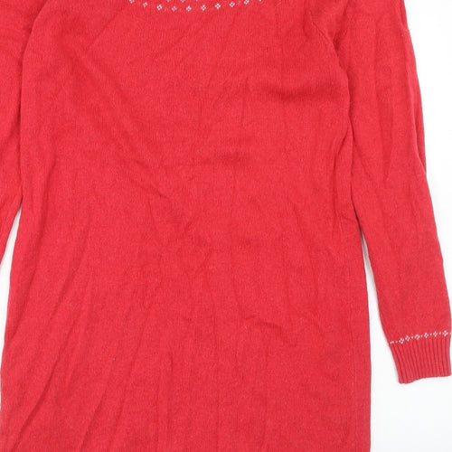 Fat Face Womens Red Fair Isle Cotton Jumper Dress Size 16 Boat Neck Pullover