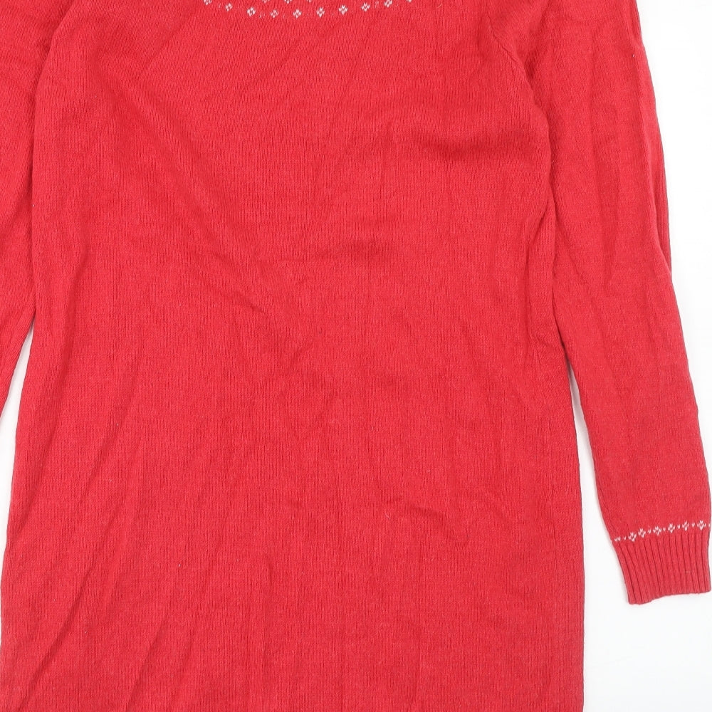 Fat Face Womens Red Fair Isle Cotton Jumper Dress Size 16 Boat Neck Pullover