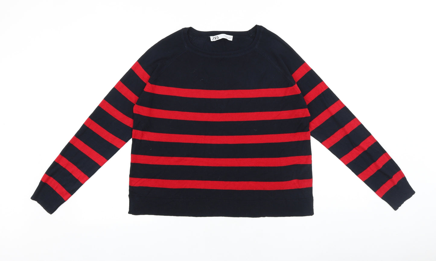 Zara Womens Black Round Neck Striped 100% Merino Wool Pullover Jumper Size S