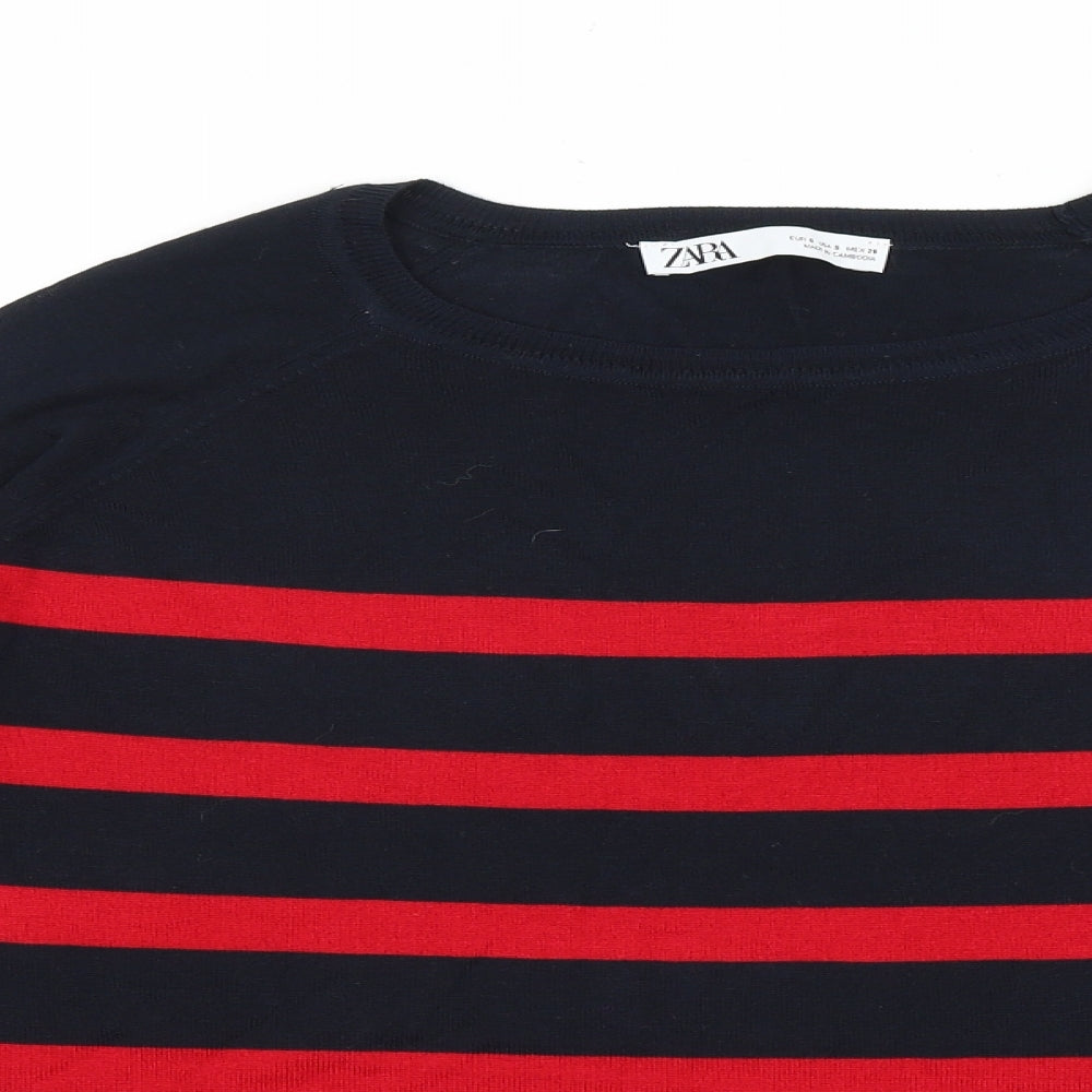 Zara Womens Black Round Neck Striped 100% Merino Wool Pullover Jumper Size S