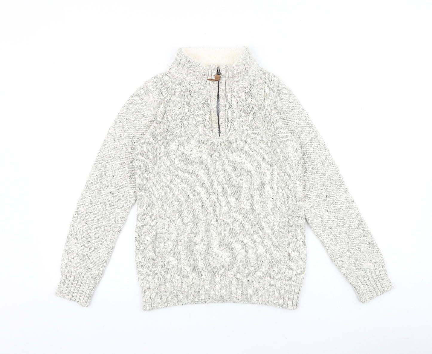 M&Co Boys Beige High Neck 100% Cotton Pullover Jumper Size 9-10 Years Zip