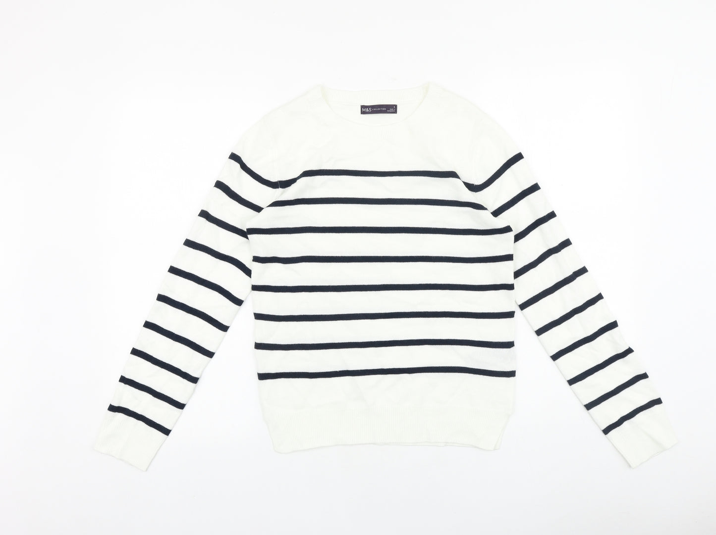 Marks and Spencer Womens White Round Neck Striped 100% Cotton Pullover Jumper Size 8