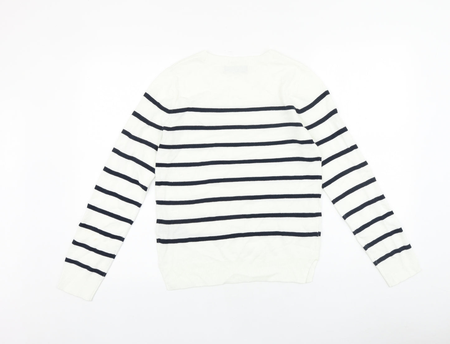 Marks and Spencer Womens White Round Neck Striped 100% Cotton Pullover Jumper Size 8