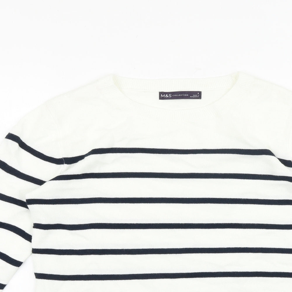 Marks and Spencer Womens White Round Neck Striped 100% Cotton Pullover Jumper Size 8