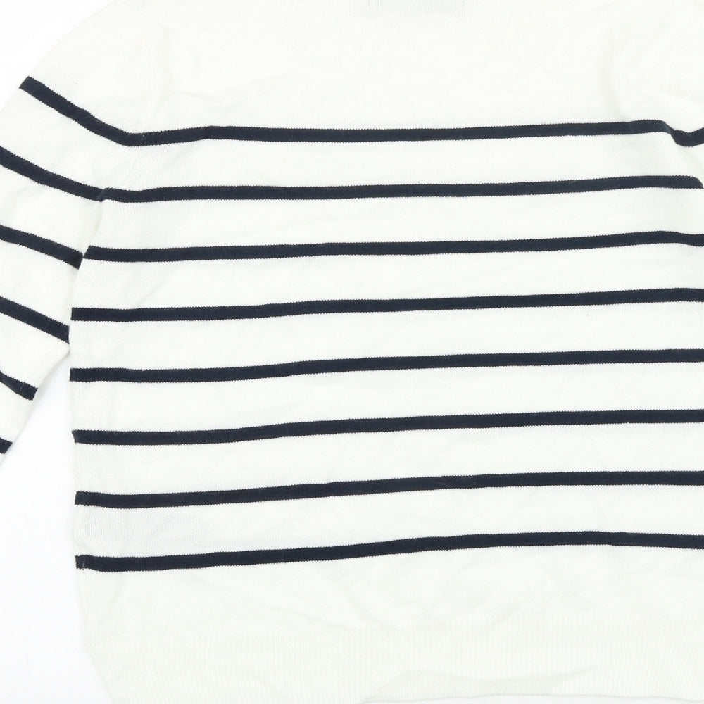 Marks and Spencer Womens White Round Neck Striped 100% Cotton Pullover Jumper Size 8