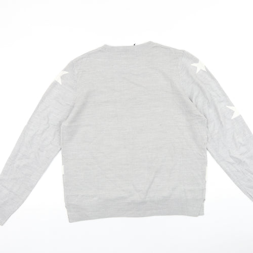 Marks and Spencer Womens Grey Round Neck Geometric 100% Cotton Pullover Jumper Size 14