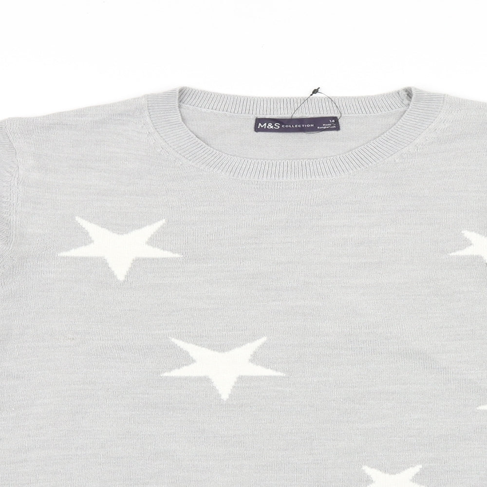 Marks and Spencer Womens Grey Round Neck Geometric 100% Cotton Pullover Jumper Size 14