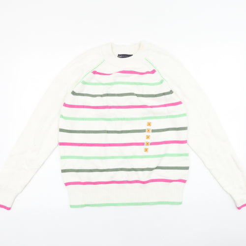 Marks and Spencer Womens White Round Neck Striped Acrylic Pullover Jumper Size S