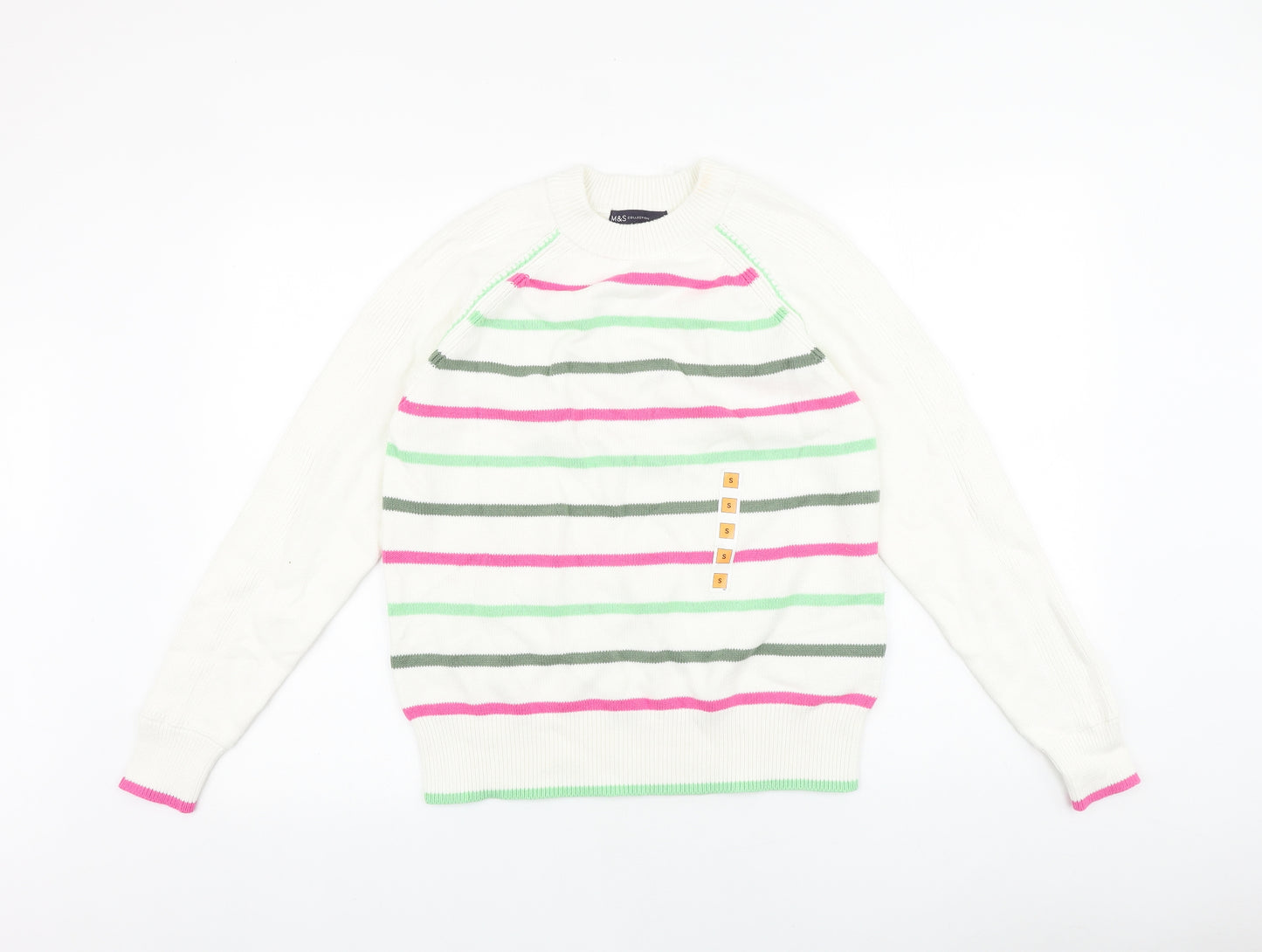 Marks and Spencer Womens White Round Neck Striped Acrylic Pullover Jumper Size S