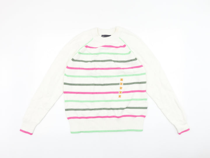 Marks and Spencer Womens White Round Neck Striped Acrylic Pullover Jumper Size S