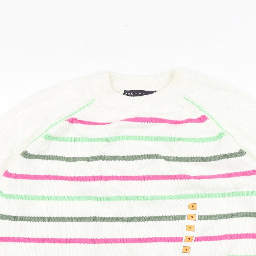 Marks and Spencer Womens White Round Neck Striped Acrylic Pullover Jumper Size S
