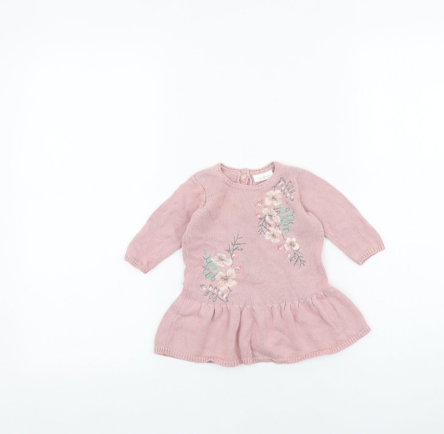 NEXT Baby Pink 100% Cotton Jumper Dress Size 0-3 Months Round Neck Button - Floral Detail
