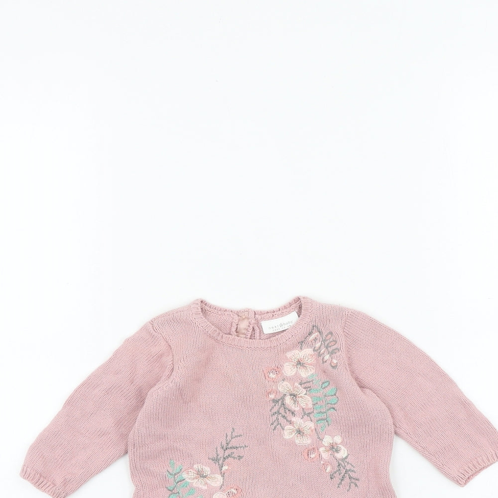 NEXT Baby Pink 100% Cotton Jumper Dress Size 0-3 Months Round Neck Button - Floral Detail