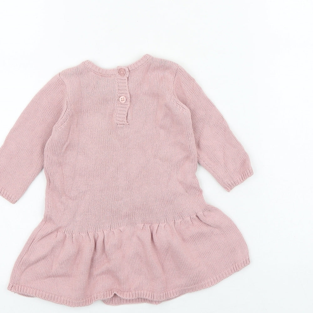 NEXT Baby Pink 100% Cotton Jumper Dress Size 0-3 Months Round Neck Button - Floral Detail