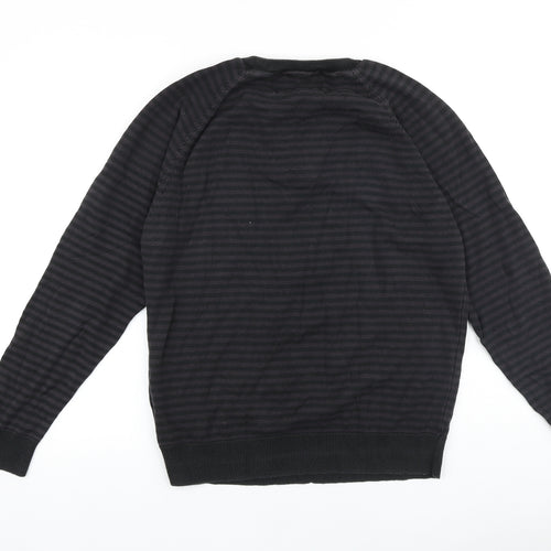Preworn Mens Brown Round Neck Striped Cotton Pullover Jumper Size L Long Sleeve