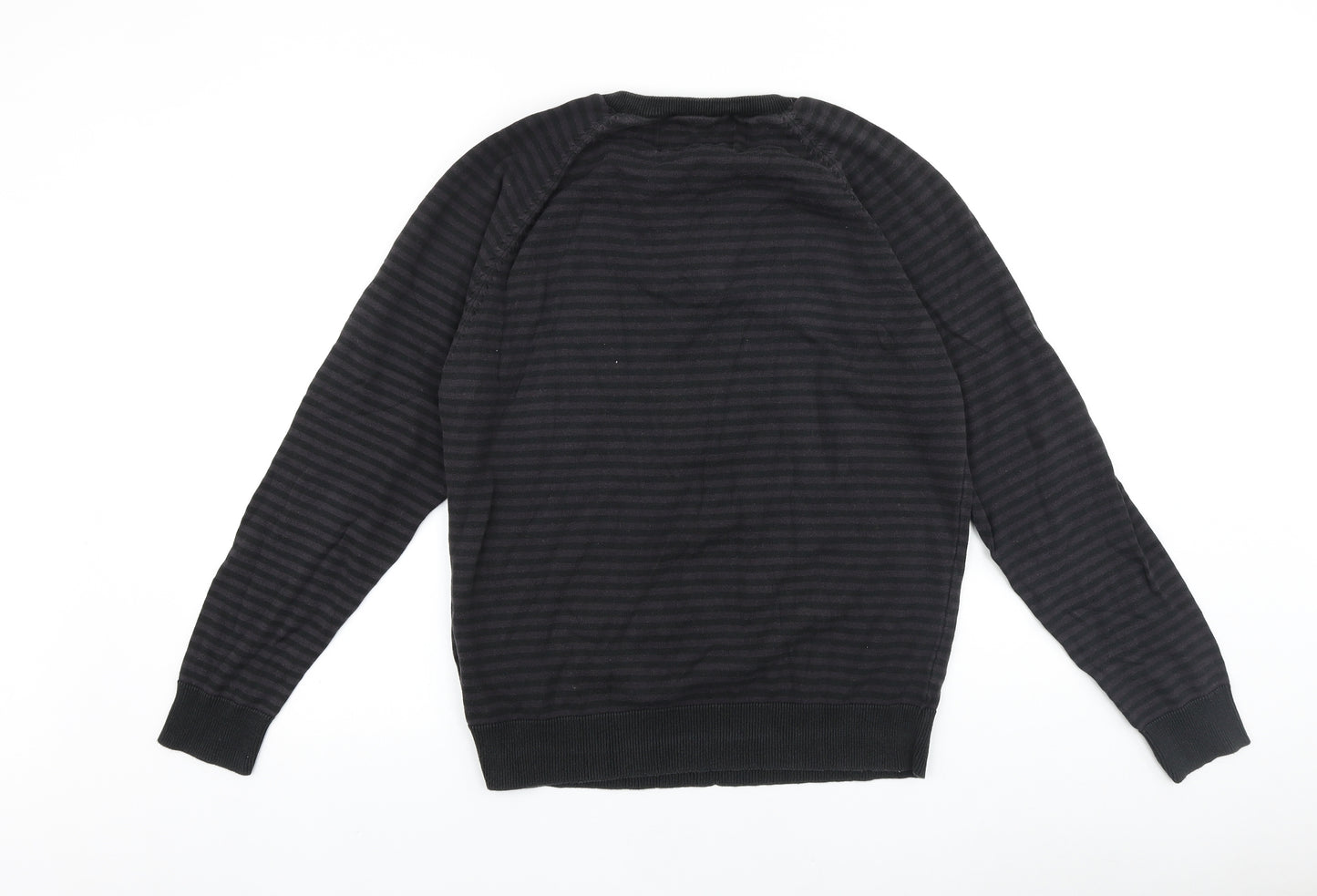 Preworn Mens Brown Round Neck Striped Cotton Pullover Jumper Size L Long Sleeve