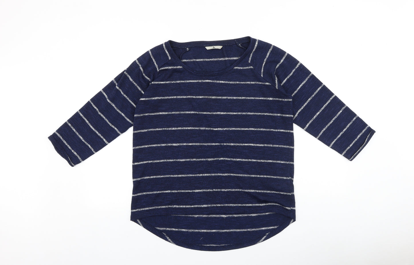 TU Womens Blue Striped 100% Cotton Basic T-Shirt Size 14 Round Neck