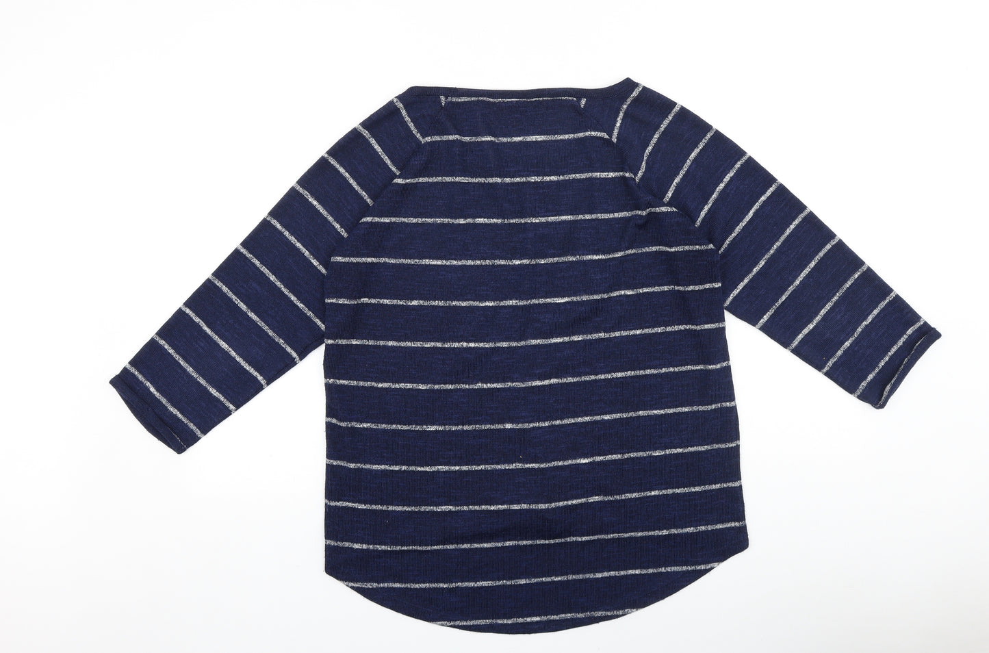 TU Womens Blue Striped 100% Cotton Basic T-Shirt Size 14 Round Neck