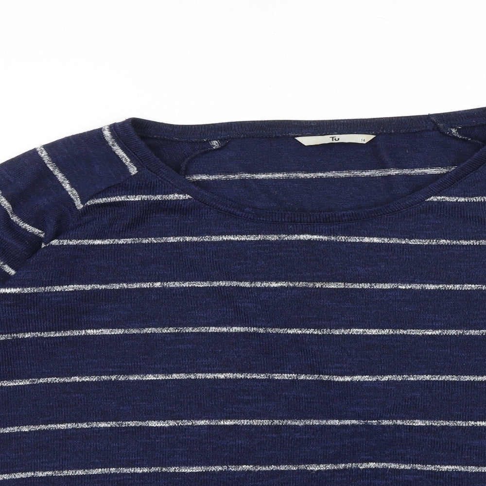 TU Womens Blue Striped 100% Cotton Basic T-Shirt Size 14 Round Neck