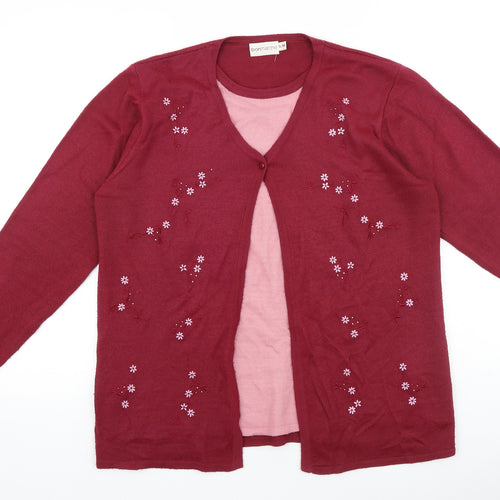 Bonmarché Womens Red Round Neck Floral 100% Cotton Cardigan Jumper Size S - Twin Set