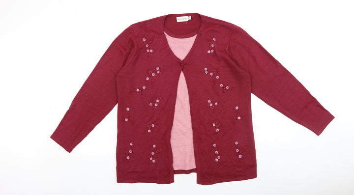 Bonmarché Womens Red Round Neck Floral 100% Cotton Cardigan Jumper Size S - Twin Set